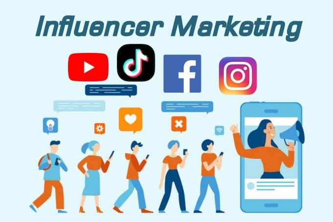 "Illustration of influencer marketing concept with icons of YouTube, TikTok, Facebook, and Instagram above animated people using smartphones, and a large phone screen showing a female influencer with a megaphone."