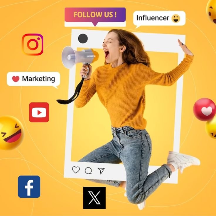 "Excited young woman in orange sweater jumping through a social media photo frame, holding a megaphone, surrounded by social media icons like Instagram, YouTube, Facebook, X (formerly Twitter), and marketing-related emojis and labels such as 'FOLLOW US' and 'Influencer' on a vibrant yellow background."